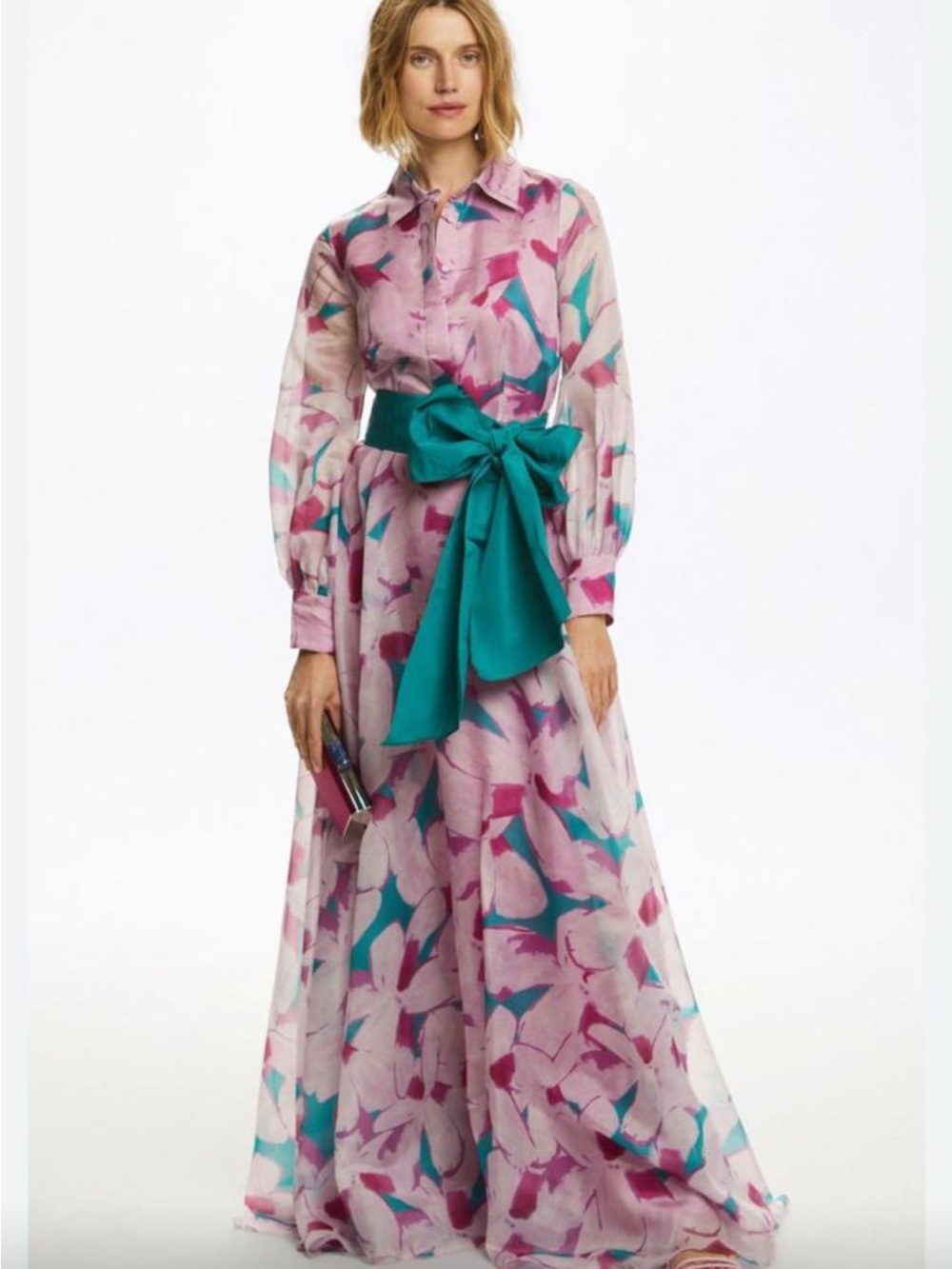 New Carolina Herrera Dress size 4 ! Floral Print Maxi Shirt Dress with Teal Sash